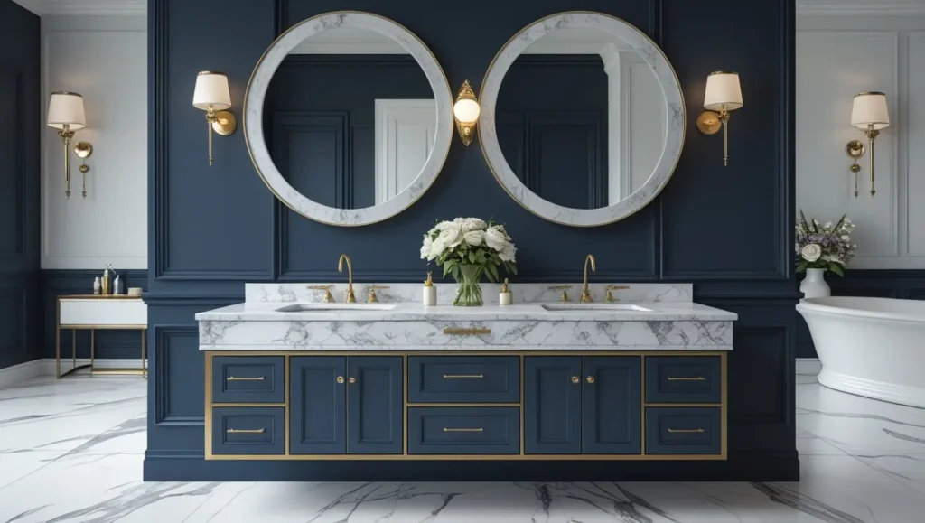 Luxurious floating bathroom vanity with marble countertop, double sinks, and gold fixtures in a high-end bathroom