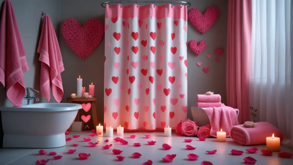 Romantic Valentine bathroom decor with heart-patterned shower curtain, pink towels, and candles