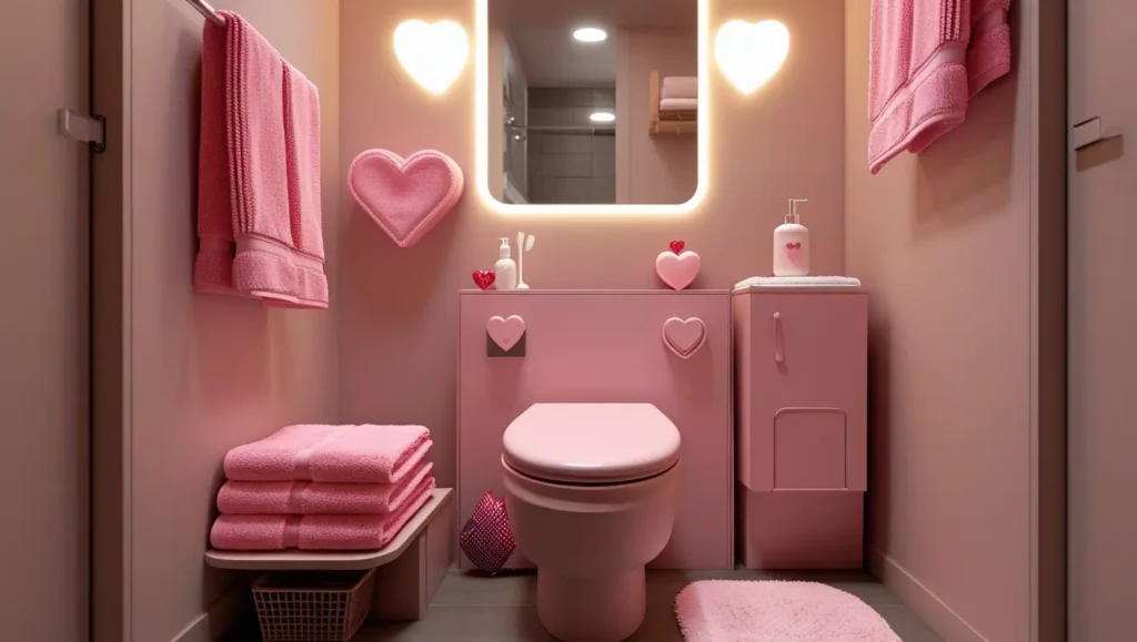 Romantic Valentine bathroom decor with heart-patterned shower curtain, pink towels, and candles.